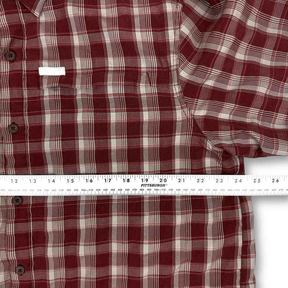 Columbia Men's XL Plaid Shirt Long Sleeve Zip Chest Pocket Maroon Tan Poly Blend - Picture 5 of 10